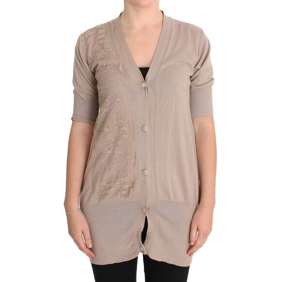 PINK MEMORIES Lace Detail Short Sleeve Cardigan Women Pink Sweaters - Picture 1 of 6